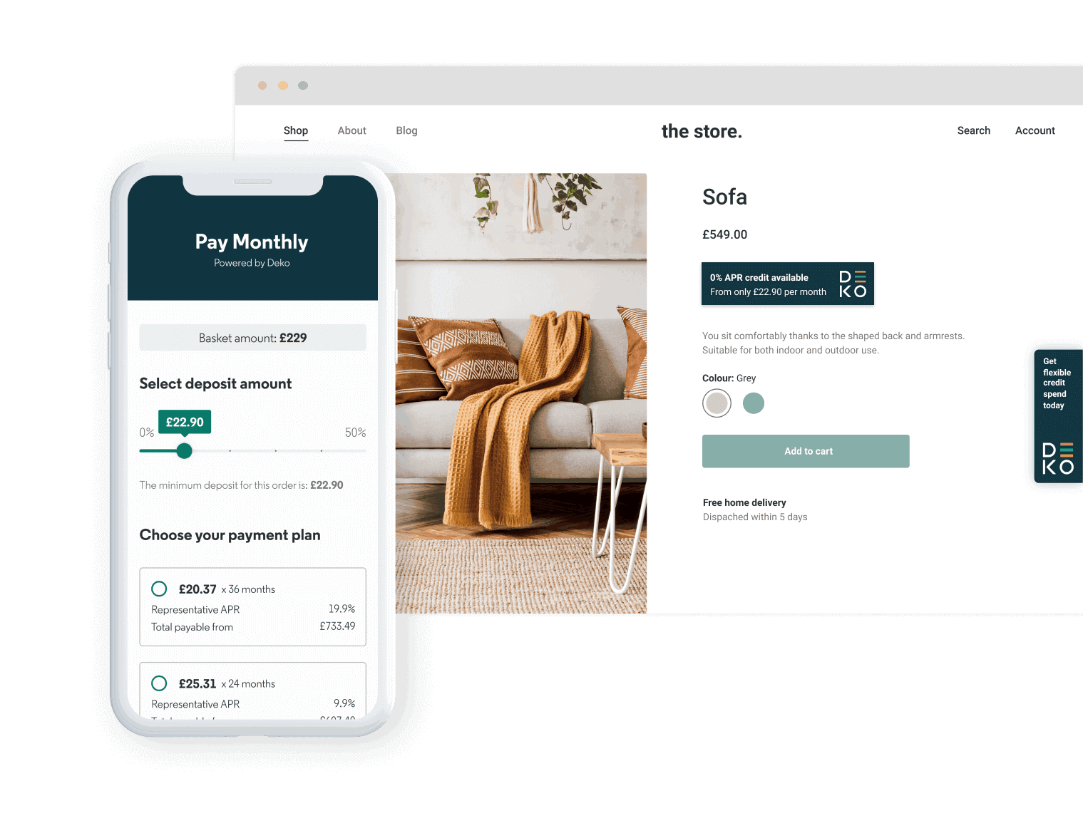 Deko's retail finance solution on merchant website
